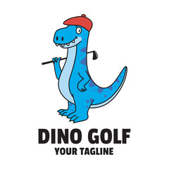 cartoon dino playing golf mascot logo design