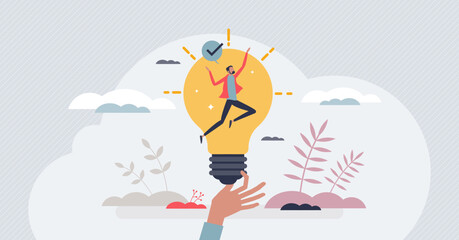 Inspiration idea and creative invention breakthrough tiny person concept. Businessman in lightbulb after imagination development and finding solution vector illustration. Smart thinking strategy power © VectorMine