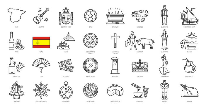 Spain outline icons. European culture and history symbols, Spain food and landmarks vector symbols. Bullfighter, guitar and jamon, stadium, Spain map and flag, wine, Columbus ship and flamenco dancer