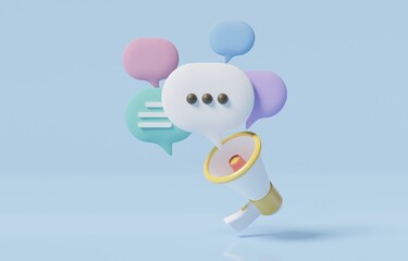 Megaphone with speech bubbles on blue background, communication and public relations to send important message or announce sales and promotion concept, 3d render illustration.