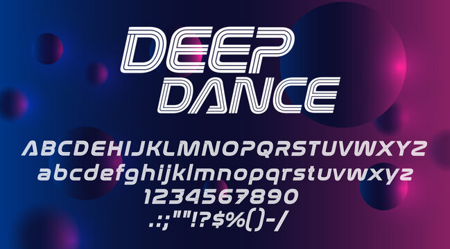 Music font alphabet, club party typeface and typography, vector DJ type. Electronic music retro or modern font letters and numbers, urban pop, trance or disco dance and techno rave bold line font