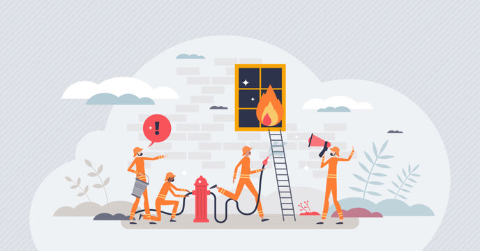Firefighters occupation and emergency burning situation tiny person concept. Fire rescue and flames extinguisher work with professional man teamwork vector illustration. Water hydrant and nozzle tools