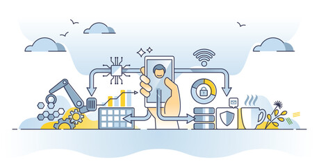Industrial internet of things with factory IOT technology outline concept. Devices connection and digital network communication for process automation and smart tech monitoring vector illustration.