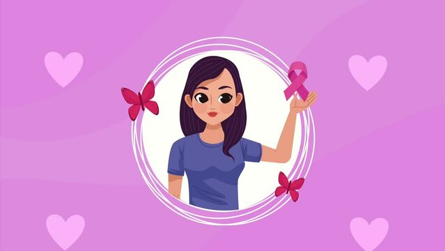 breast cancer animation with woman lifting ribbon