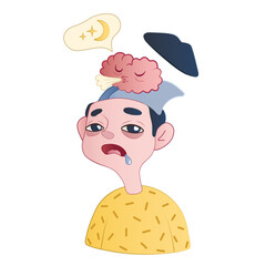 Tired boy with sleeping brains on white background