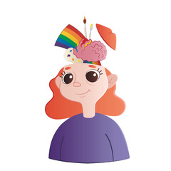 Cute girl with paints, brushes, rainbow and her brains on white background