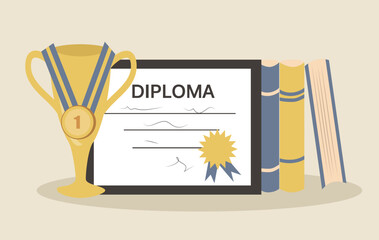 vector illustration in a flat style on the theme of academic achievement. diploma, cup, medal and books