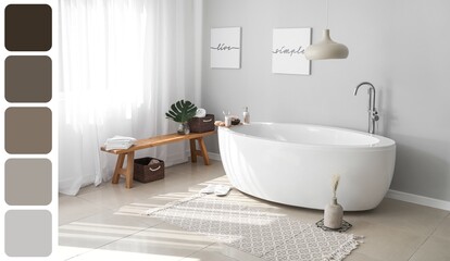 Naklejka na ściany i meble Stylish interior of light modern bathroom. Different color patterns