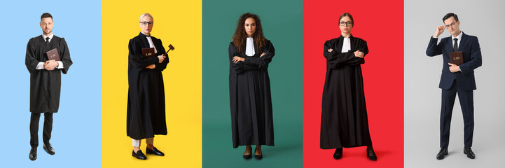 Set of different judges and lawyer on color background - Powered by Adobe
