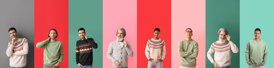 Set of men in stylish sweaters on colorful background