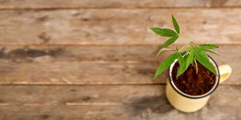 Hemp in mug on wooden background with space for text