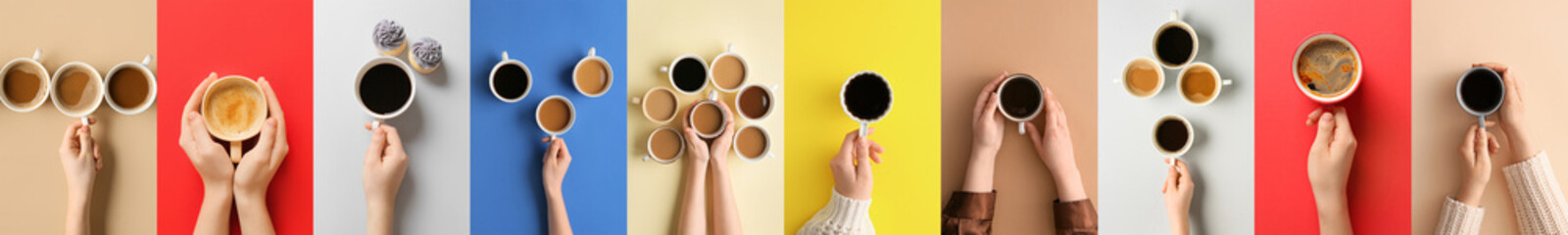 Collage with hands and many cups of hot coffee, top view