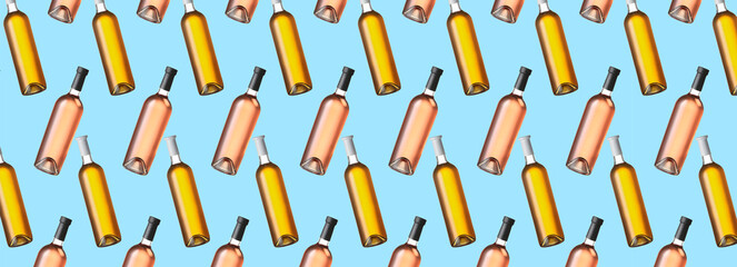 Many bottles of wine on light blue background. Pattern for design