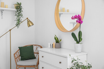 Chest of drawers with houseplants and cosmetic products near white wall