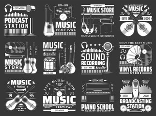 Music instrument, vinyl record and microphone vector icons. Drum, guitar, piano and musical notes, lute, saz and harp guitar, headphone and microphone, recording studio, broadcast, radio station signs