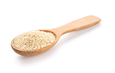 Wooden spoon with sesame seeds on white background