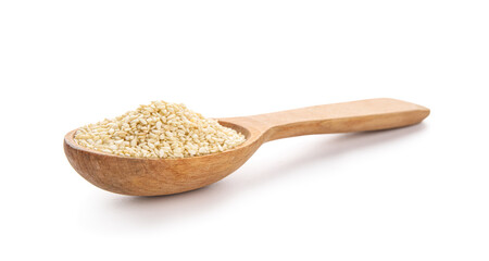 Wooden spoon with sesame seeds on white background