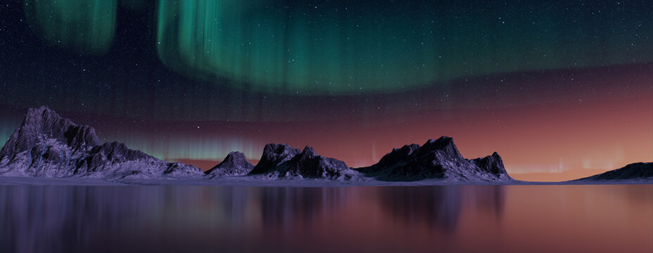 Green Aurora Borealis over Snow covered Terrain. Majestic Northern Lights Banner with copy-space.