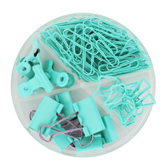 Cutout of an isolated set of assorted blue metal paperclips  with the transparent png background	