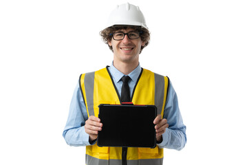 Happy male engineer in a helmet and uniform shows blank