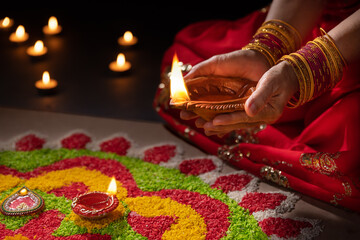 Traditional diya lamps lit during diwali celebration