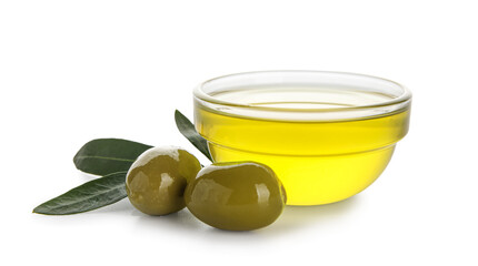Bowl of fresh olive oil on white background