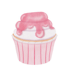 Watercolor cupcake. Strawberry Cake.