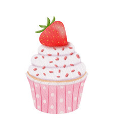 Watercolor cupcake. Strawberry Cake.