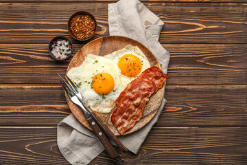 Plate of tasty fried eggs with bacon and spices on wooden background