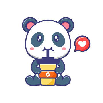 Cute baby panda drink a cup of coffee cartoon illustration isolated suitable For sticker, banner, poster, packaging, children book cover