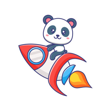 Cute baby panda riding rocket cartoon illustration isolated suitable For sticker, banner, poster, packaging, children book cover.