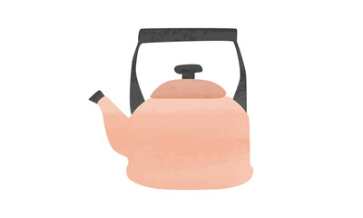 Simple kettle watercolor. Traditional kettle vector illustration isolated on white background. Minimalist kettle clipart. Kettle with whistle cartoon drawing. Kitchen utensils clipart