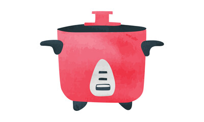Red rice cooker watercolor style vector illustration isolated on white background. Electric rice cooker clipart. Simple rice cooker hand drawn cartoon. Kitchen utensils clipart. Kitchen appliances