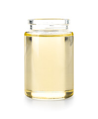 Bottle with fresh sunflower oil on white background