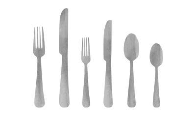 Set of cutlery clipart. Fork, knife, spoon, cutlery watercolor style. Simple fork, spoon and knife vector design illustration isolated on white background. Minimalist cutlery cartoon hand drawn