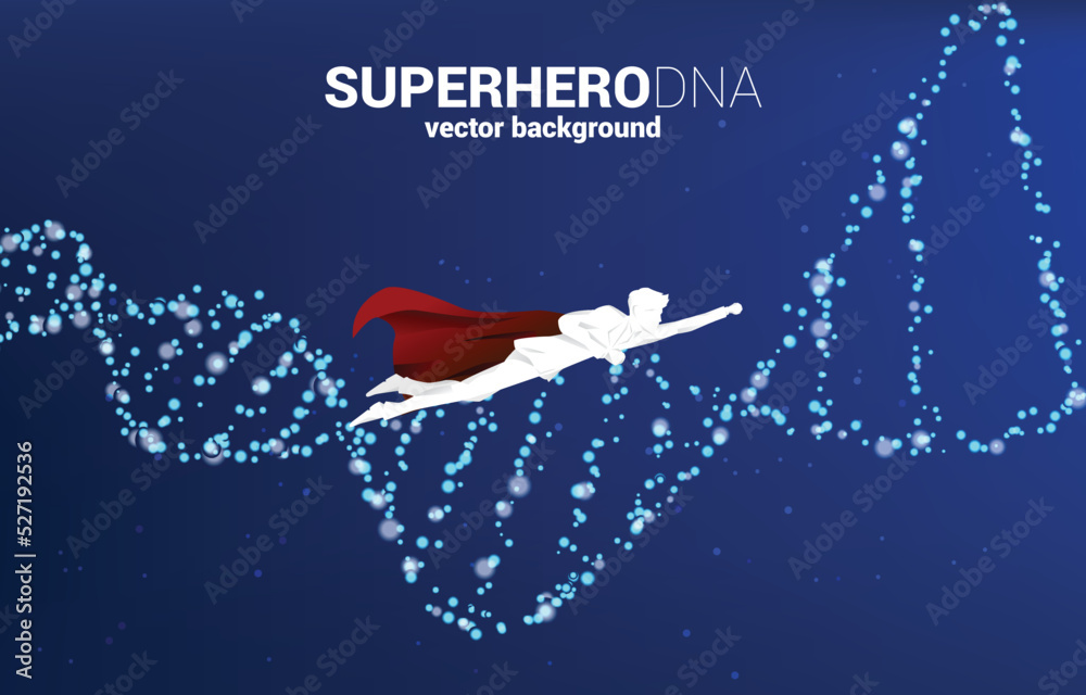 Poster silhouette of businessman in superhero flying with dna genetic structure from dot random. background