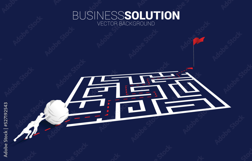 Poster silhouette of businessman pushing the rock to enter to maze. concept of business challenge and work 