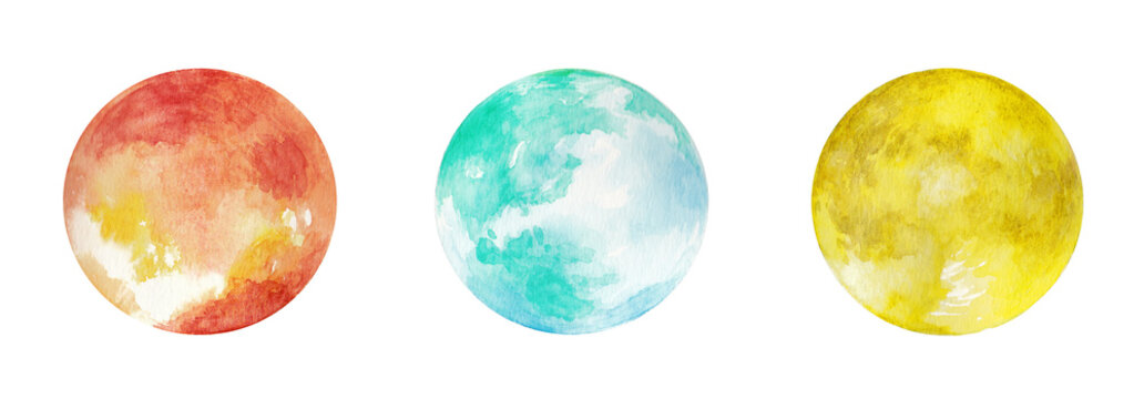 水彩で描いた太陽と地球と月のイラスト　挿絵　背景イラスト