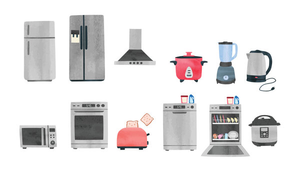 Simple watercolor set of kitchen appliances vector illustration isolated on white background. Microwave, refrigerator, dishwasher, toaster, ventilation hood, blender, kettle, oven, rice cooker