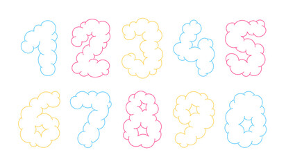 Cloud-shaped numbers in pastel colors isolated on white background.