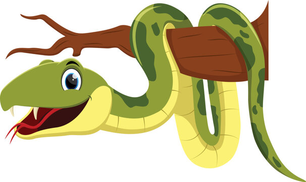 Cute green snake cartoon on branch