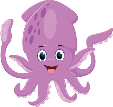 Cartoon cute purple squid isolated on white background