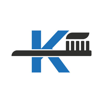 Initial Letter K Dental Logo Combine With Tooth Brush Symbol Template