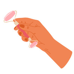 Women's hands holding cosmetic product. Quartz face roller, gua sha scraper. Facial massage. Daily skin care routine and hygiene concept. Vector illustration