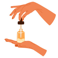 Fototapeta na wymiar Women's hands holding cosmetic product. In the hand of a pipette from a jar with Beauty product. Facial massage. Daily skin care routine and hygiene concept. Vector illustration