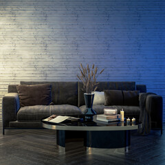 Wohnlandschaften: moderne Couch bei Abendbeleuchtung - 3D Visualisierung - obrazy, fototapety, plakaty