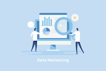 Business team collaboration analysing marketing data and financial report, vector illustration.