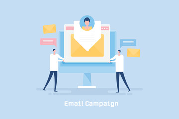 Digital marketing people sending brand message to subscribers with email campaign strategy.