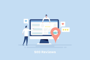SEO team optimizing local business review on search engine, vector illustration.