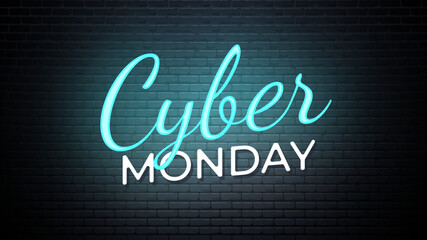 Cybar monday sale banner. Glowing text on a brick wall. social media stories sale, web page, mobile phone. template design special offer.